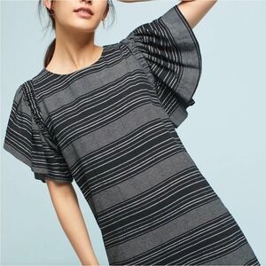 Anthropologie Moon River Denmark Dress Sz M Flutter Sleeves Black/Gray Stripes